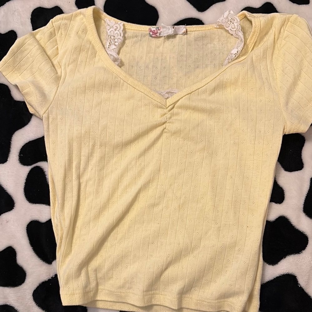 Pink Republic Light Yellow Lace-Trimmed Tee